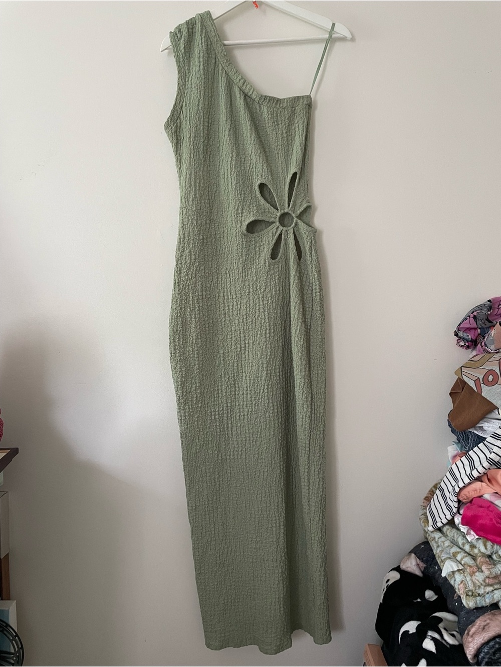 Asymmetrical Sage Green Maxi Dress with Floral Cutout